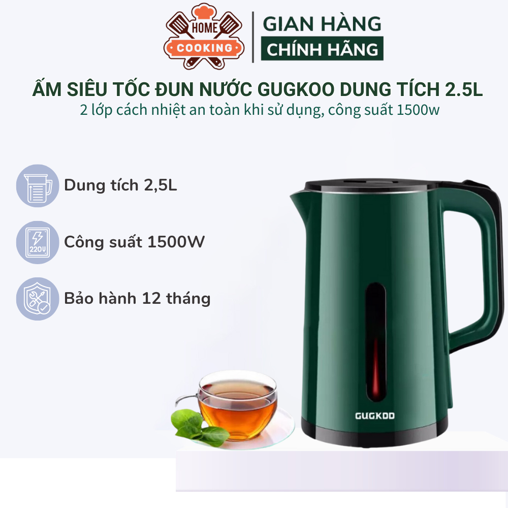 Ấm siêu tốc đun nước Cuckoo công suất cao 1500W tự ngắt điện khi sôi, 2 lớp cách nhiệt dung tích 2.5L, bảo hành 12 tháng