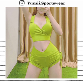 [ Yumii ] Bộ Quần Áo Thể Thao Tập Gym Yoga Nữ - Set Đồ Tập Thể Thao Đùi Dáng Bra Đắp Chéo, Quần Rút Dây ( Kèm Mút )
