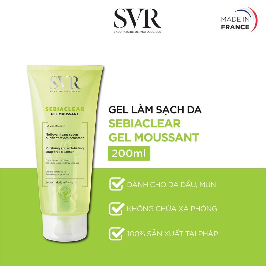 Gel Rửa Mặt Không Có Xà Phòng, Làm Sạch Và Loại Bỏ Tế Bào Da Chết SVR SEBIACLEAR Gel Moussant 55ml-200ml-400ml