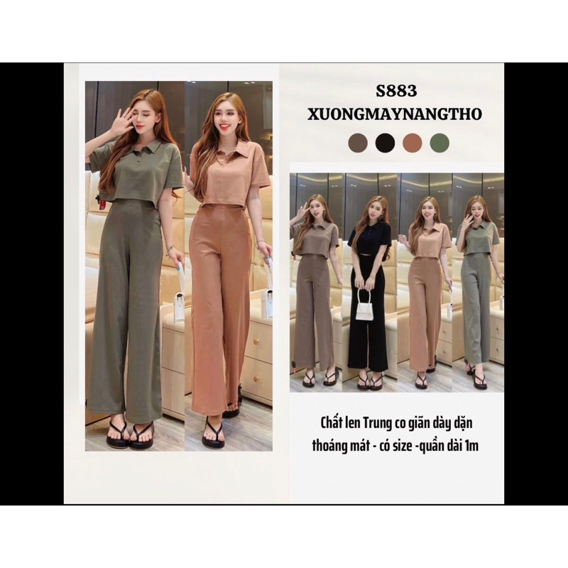 S883 Set bộ nữ áo croptop dáng rộng cổ bẻ mix quần suông ống rộng