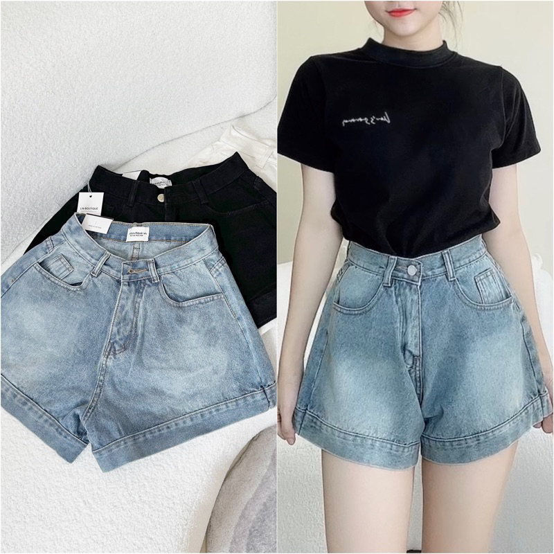 Quần short jean lưng cao ống rộng