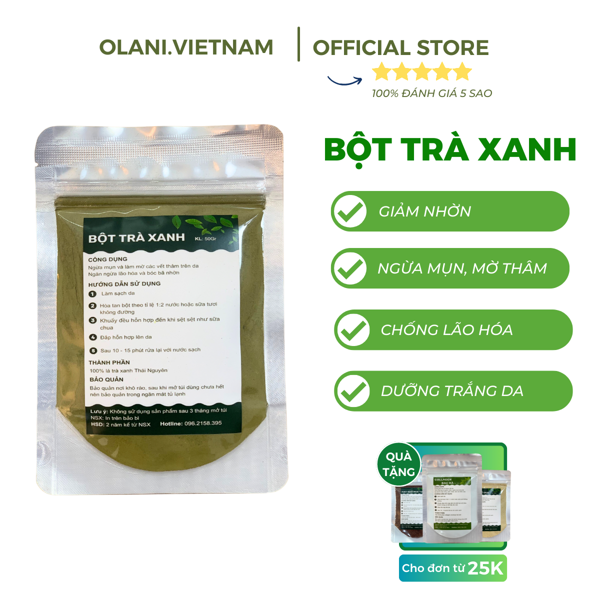 Bột trà xanh đắp mặt nguyên chất sấy lạnh hữu cơ OLANI VIỆT NAM thiên nhiên 50gr chăm sóc da mặt