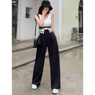 Quần tây nữ dáng dài suông rộng gấp trắng lưng