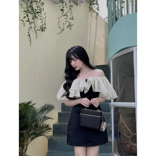đầm trễ vai phối voan bèo thắt nơ