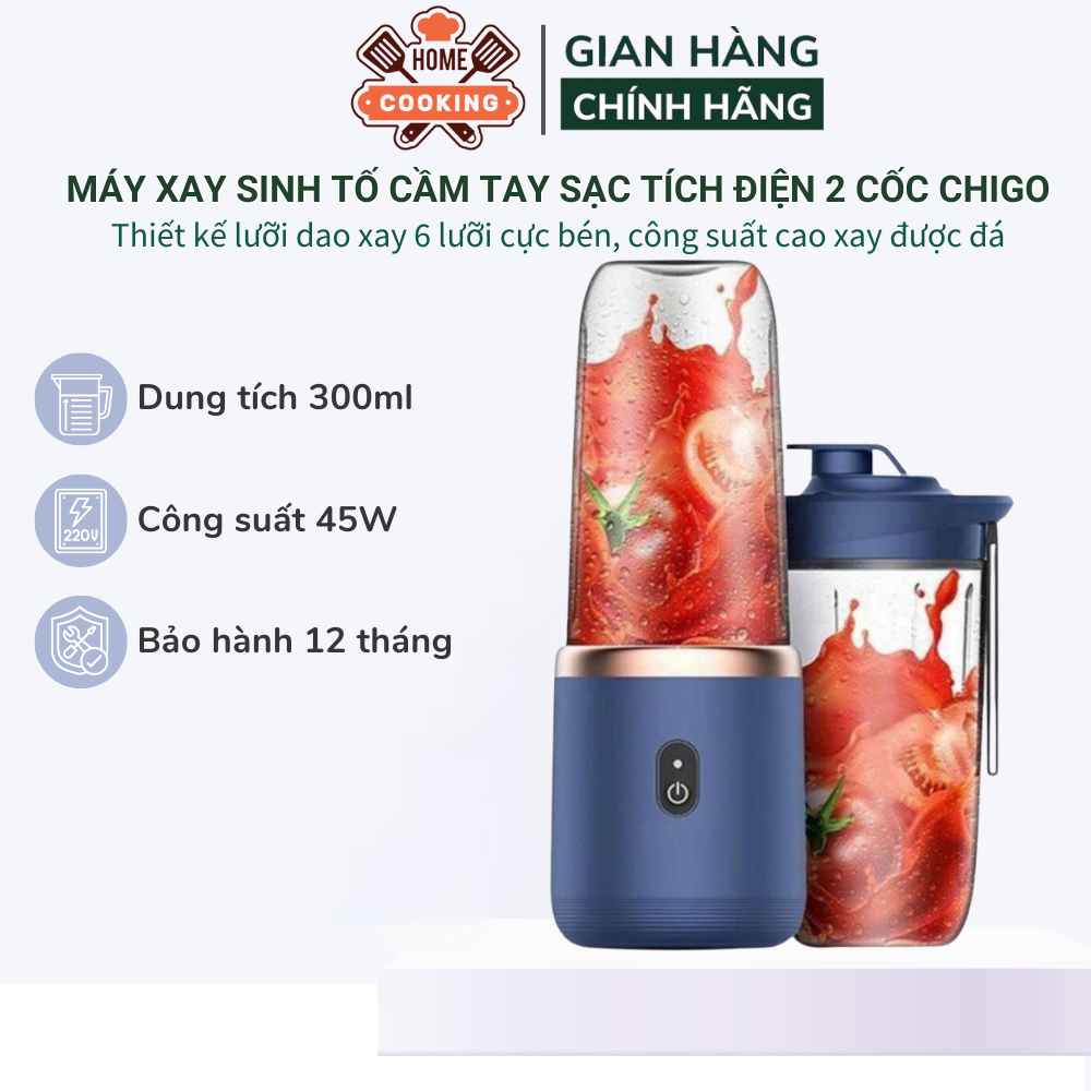 Máy xay sinh tố cầm tay, máy say sinh tố sạc pin tích điện Chigo 6 lưỡi công suất 40W dung tích 300ml, bảo hành 12 tháng