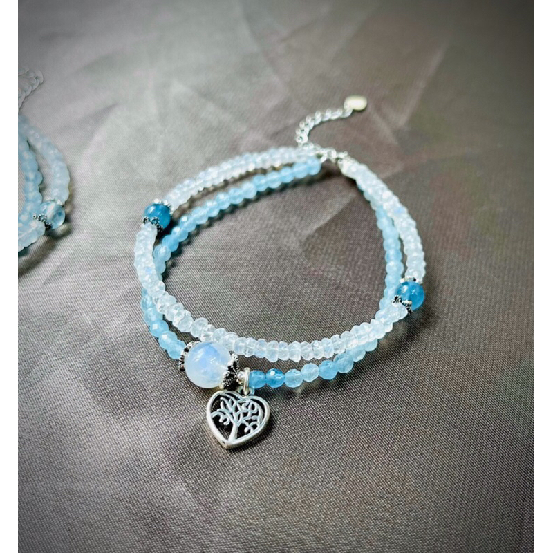 Vòng đôi đá Aqua kết hợp với đá mặt trăng Moonstone mix charm bạc Thái