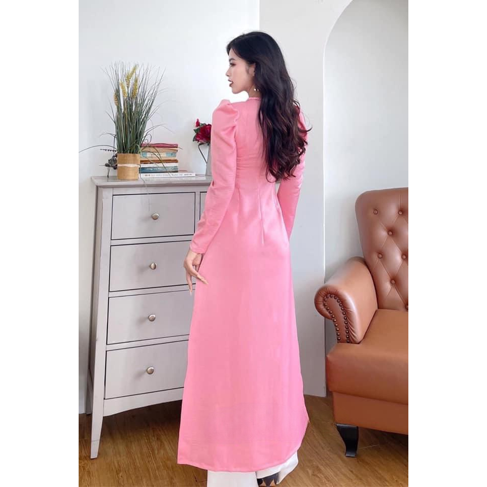 Áo dài màu hồng tây thi hoa tết tay bồng