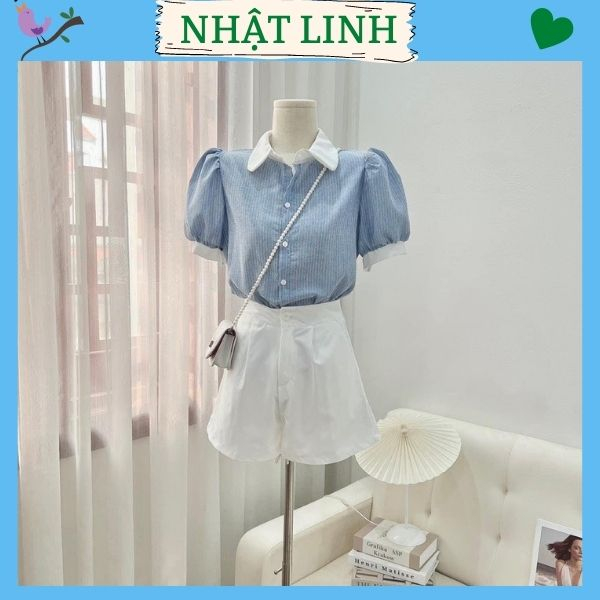 Áo sơ mi nữ ngắn tay cổ bẻ kiểu dáng Hàn Quốc kẻ sọc caro xanh NHẬT LINH - A751