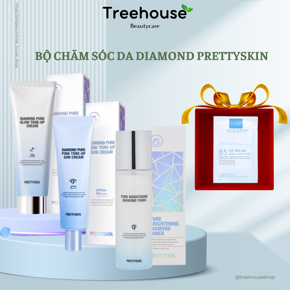 Bộ Chăm sóc da 3 sản phẩm Diamond PRETTYSKIN gồm kem dưỡng trắng da, toner, kem chống nắng TREEHOUSE SHOP