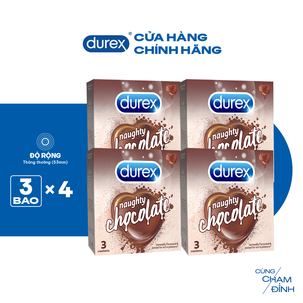 Bộ 4 hộp bao cao su Durex Naughty Chocolate hương socola (size 53mm, 3 bao/hộp) 