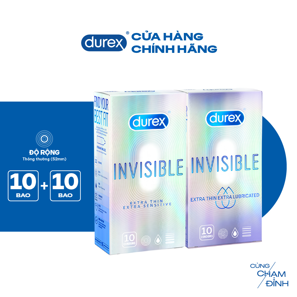 Bộ 1 bao cao su Durex Invisible Extra Lubricated và 1 Durex Invisible Extra Sensitive siêu mỏng (size 52mm, hộp 10 bao)