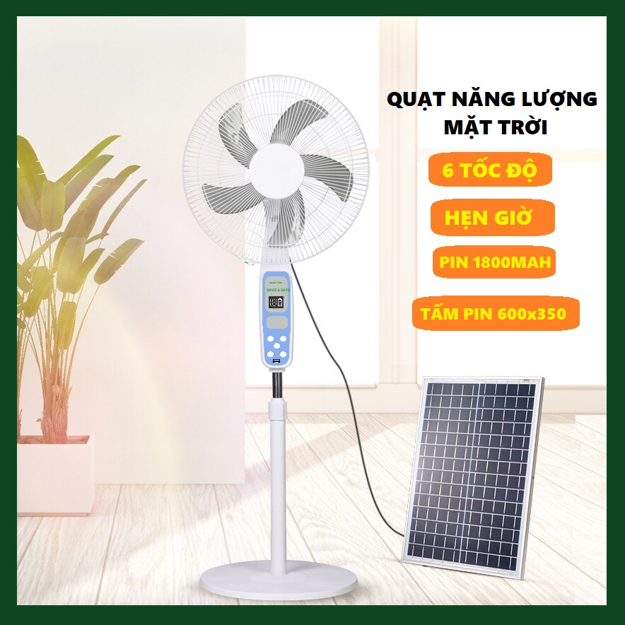 Quạt Năng Lượng Mặt Trời 3-6 Tốc Độ, Hẹn Giờ, Quạt Tích Điện Mẫu Mới 2023,Điều Khiển,Đèn Led,Sạc Điện Thoại,Củ sạc 220V