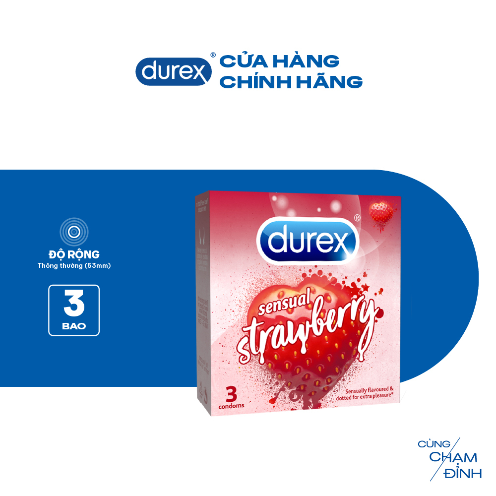 Bao cao su Durex Sensual Strawberry hương dâu (size 53mm, 3 bao/hộp)
