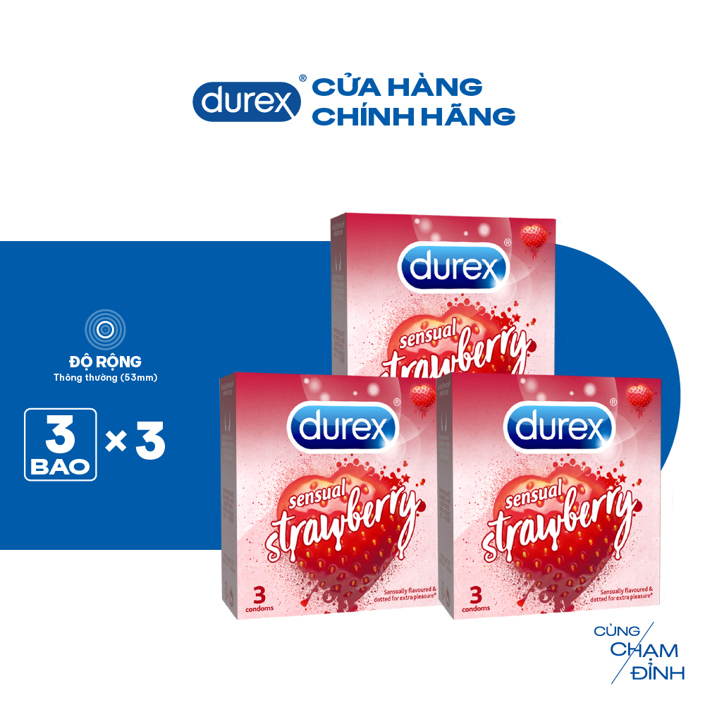 Bộ 3 hộp bao cao su Durex Sensual Strawberry hương dâu (size 53mm, 3 bao/hộp)