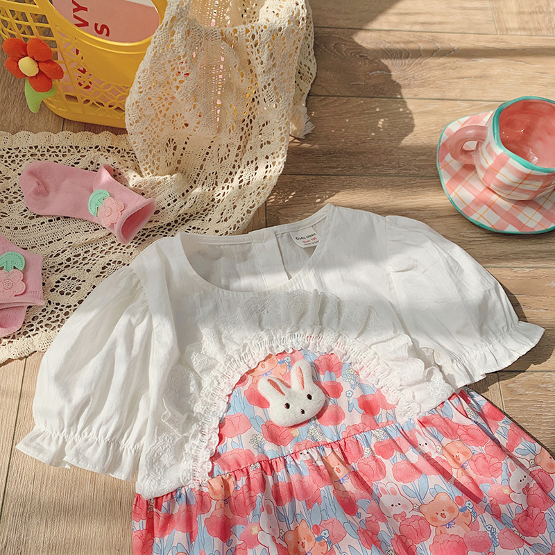 Váy bé gái 2 đến 8 tuổi Anniebaby dáng xòe tay bồng nhún bèo chất thô đũi mềm mịn phong cách tiểu thư VA23016