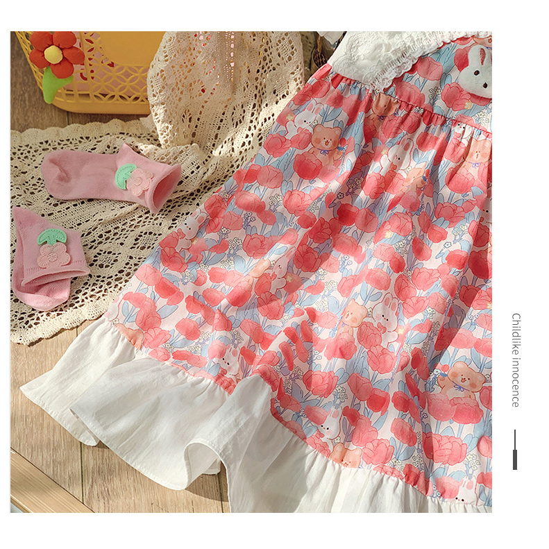 Váy bé gái 2 đến 8 tuổi Anniebaby dáng xòe tay bồng nhún bèo chất thô đũi mềm mịn phong cách tiểu thư VA23016