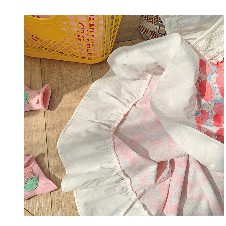 Váy bé gái 2 đến 8 tuổi Anniebaby dáng xòe tay bồng nhún bèo chất thô đũi mềm mịn phong cách tiểu thư VA23016