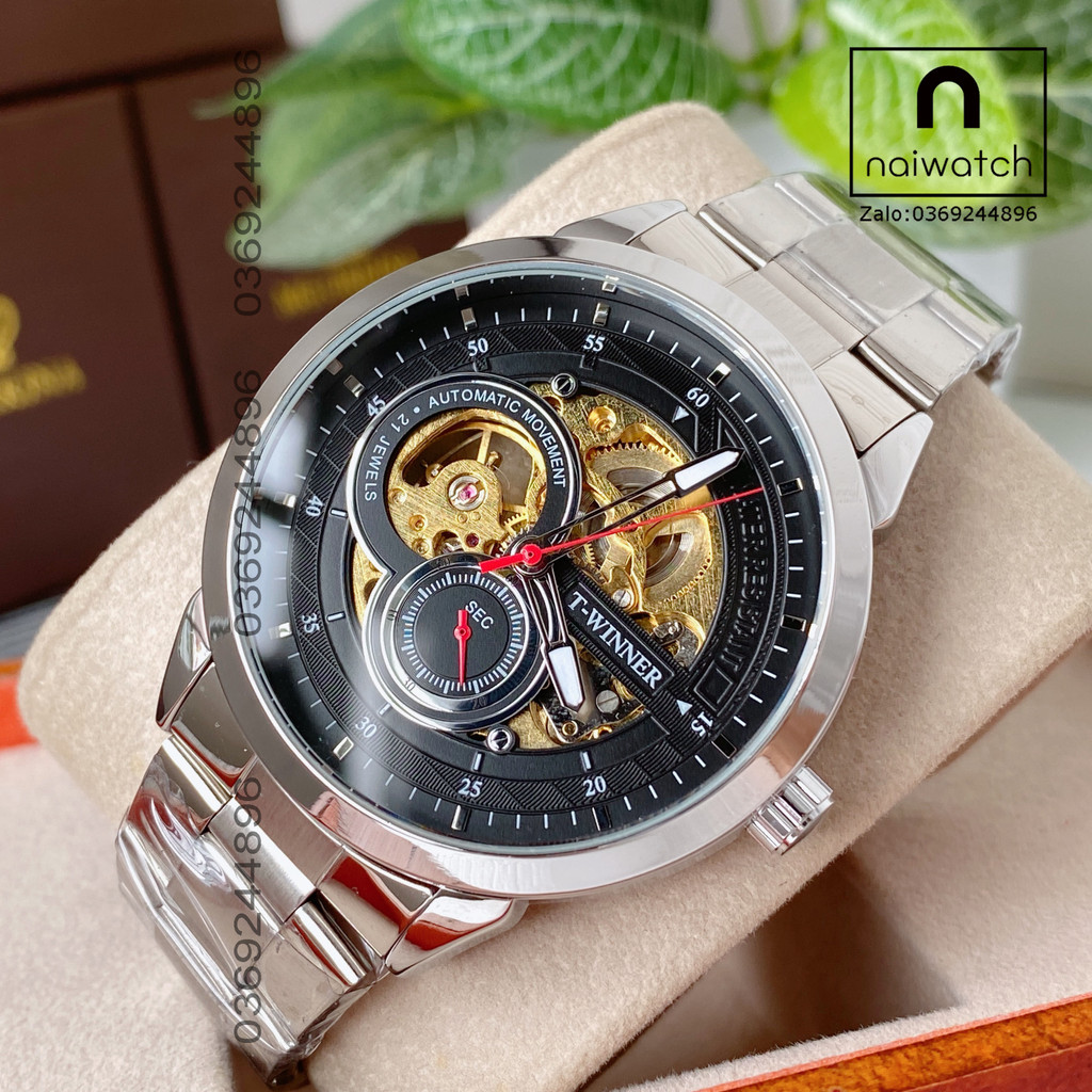 Đồng hồ nam Winner cơ lộ máy mặt đen lộ cơ máy vàng siêu sang trọng, cá tính