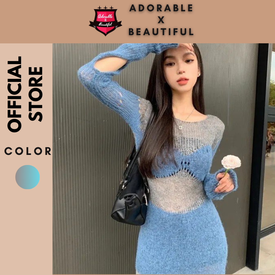 Đầm Len Xám Xanh Tay Dài Co Giãn, Váy Dệt Kim Dáng Dài Maxi Freesize Suông Ulzzang [AdorablexBeautiful]
