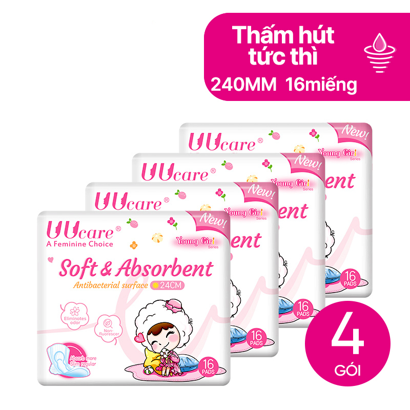 Băng Vệ Sinh UUcare Young Girl Kháng Khuẩn 24cm 16 Miếng Siêu Thấm Maxi Cánh