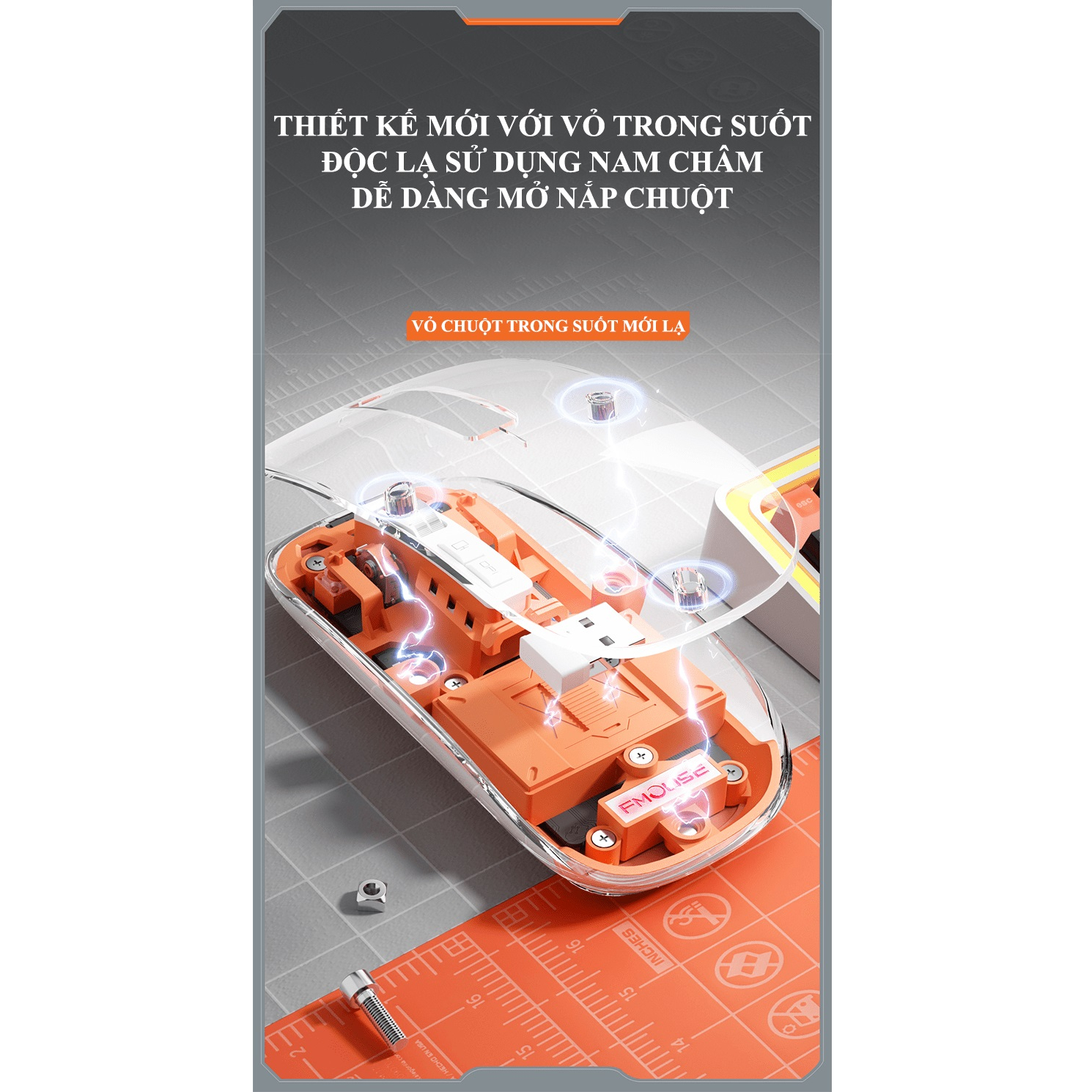 Chuột không dây FMOUSE M133 kết nối Bluetooth và USB 2.4G thiết kế trong suốt độc lạ - HT