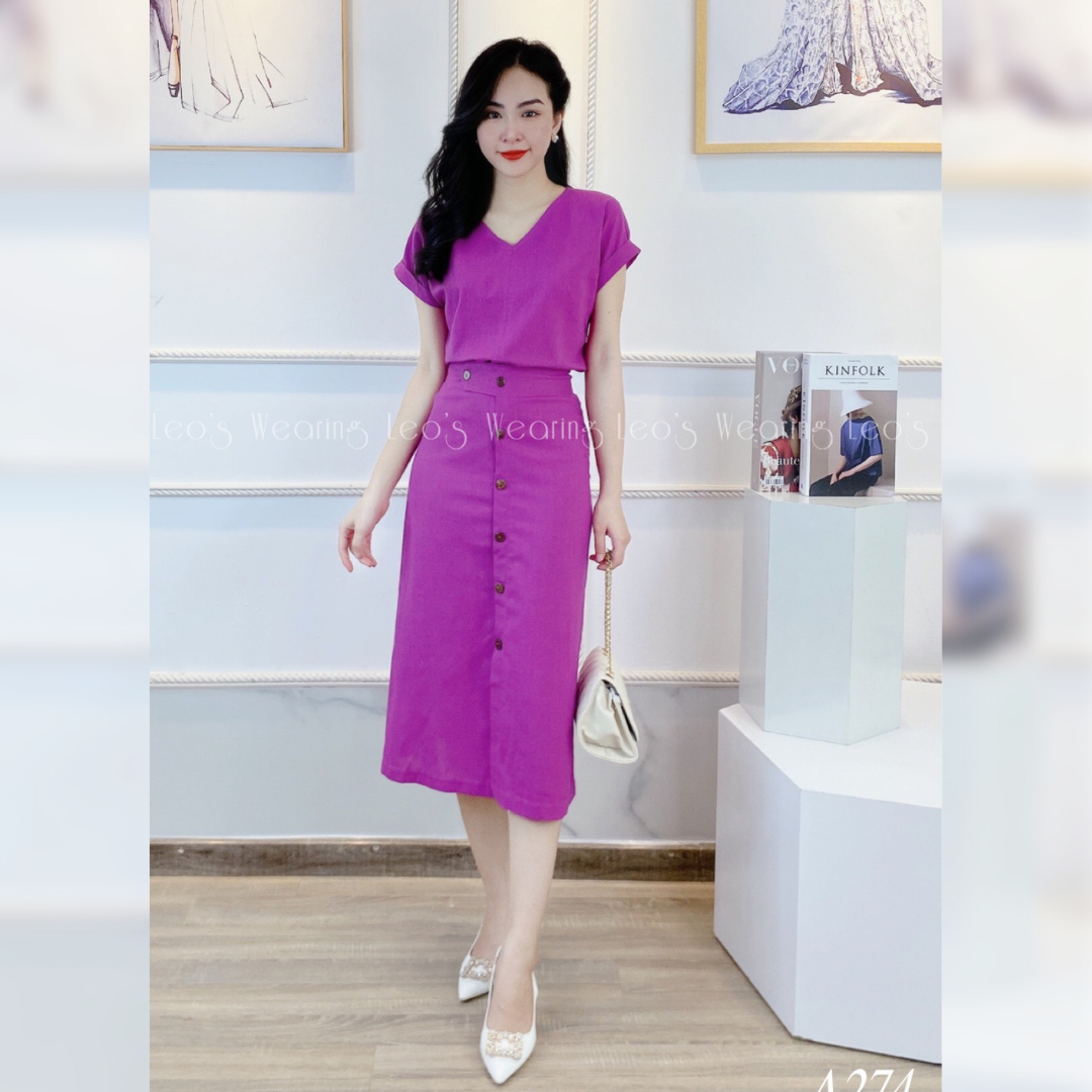 Set váy linen công sở LEOSWEARING áo cổ V mix chân váy midi nút dọc màu hồng tím A274