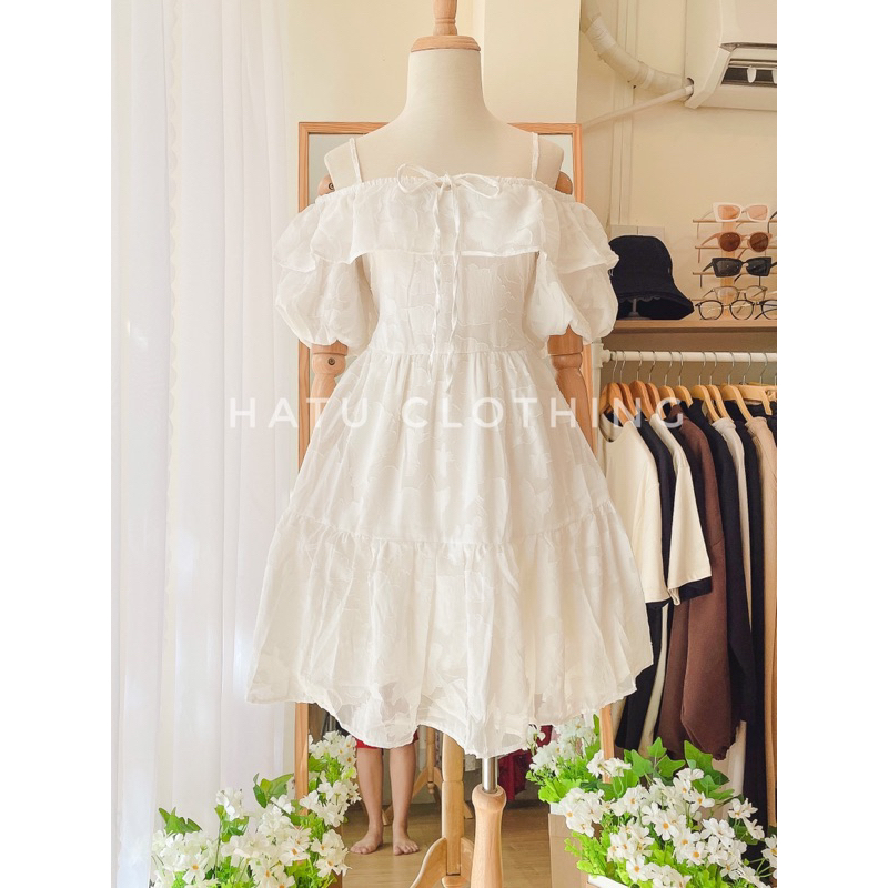 Kena Dress - Đầm trễ vai tông trắng/hồng dáng xoè chất vải voan thêu siêu xinh
