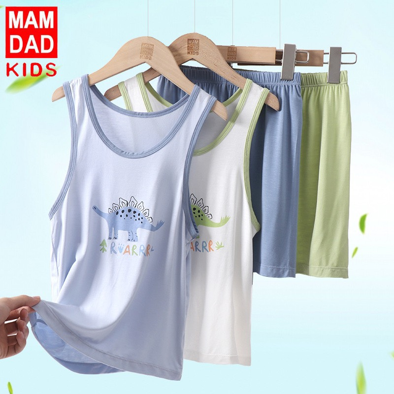 Bộ cotton điều hòa hãng Mamdadkids Ba Lỗ mẫu Khủng Long Nhỏ cho bé trai