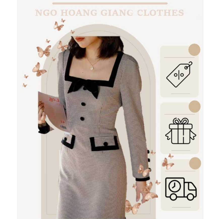 Váy dạ kẻ caro cổ vuông nơ đen dáng xòe chiết eo đầm dáng dài tôn dáng thanh lịch CARO LONG DRESS