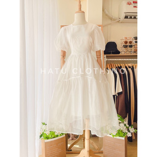 Luna Dress - Đầm midi trắng/xanh dáng xoè dài kiểu dáng basic tay phồng