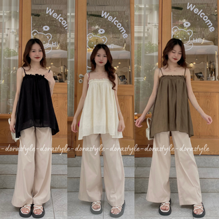 Ảnh thật mẫu chụp - Áo 2 dây DORA.style bèo ngực, 3 màu, chất đũi nhăn mềm mịn mát AoA8741