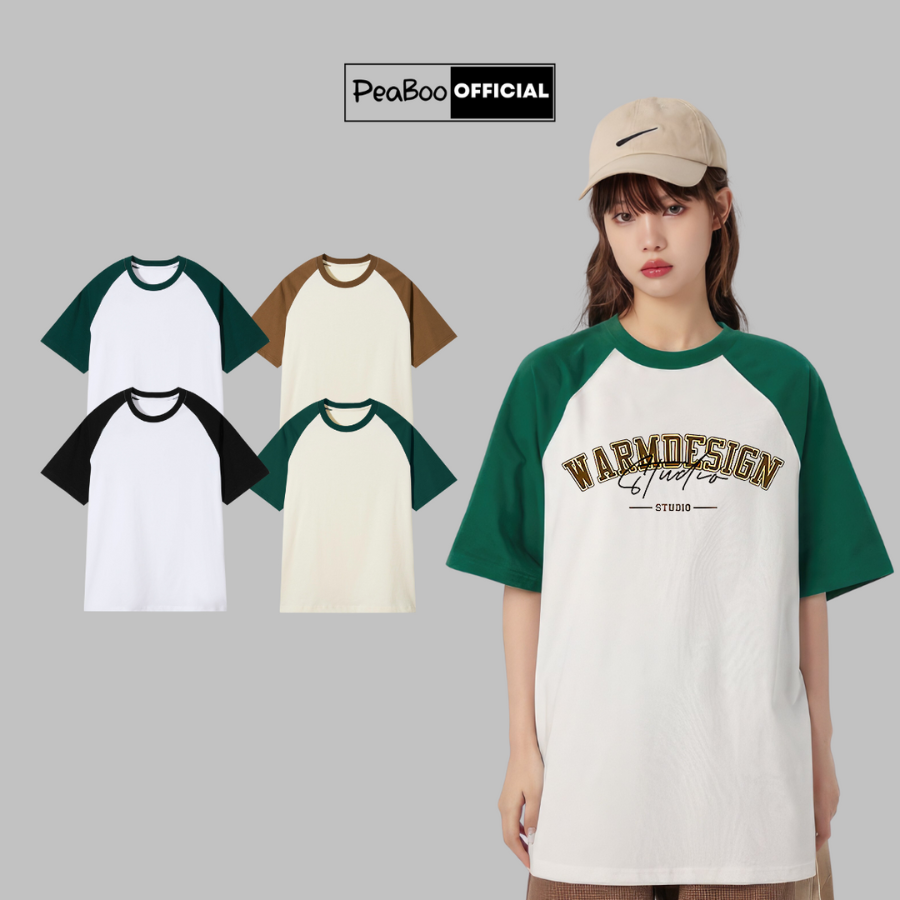Áo Thun Nữ, Áo Phông Raglan Tee Unisex By PEABOO In Chữ WARMDESIGN Chất Cotton Thoáng Mát Form Rộng Tay Lỡ Cho Nam Nữ