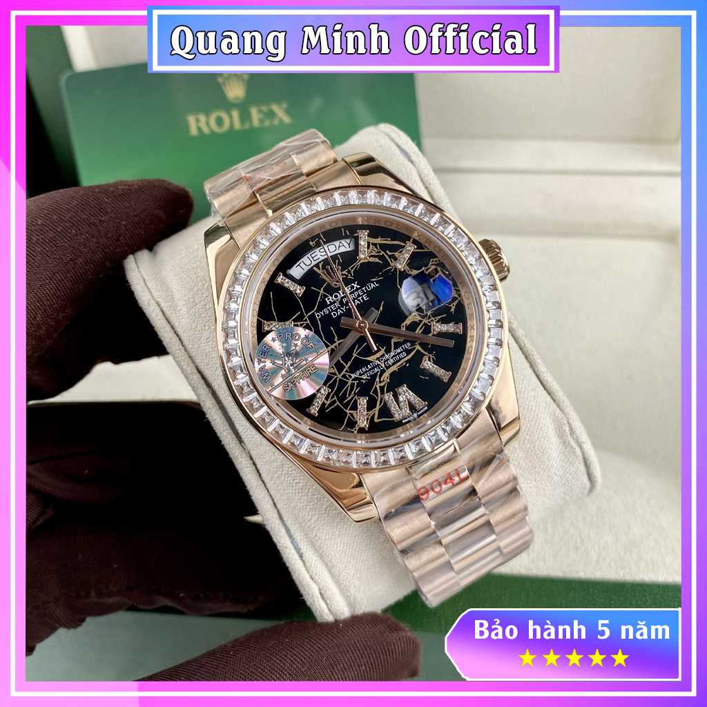 Đồng hồ cơ nam Rolex Day-Date máy nhật, viền đính đá CZ sang trọng, cơ tự động Automatic size 40mm [Bảo hành 5 năm]