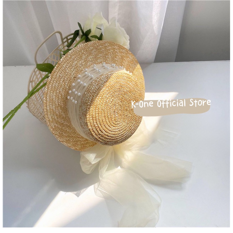 Nón / Mũ cói nơ voan xinh cho bé và mẹ