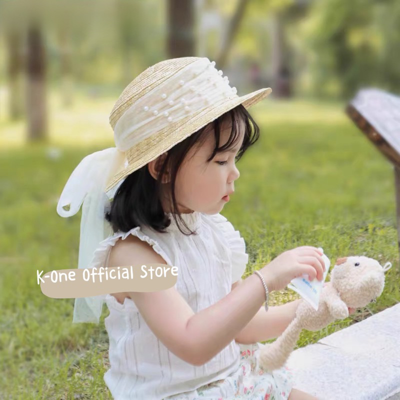 Nón / Mũ cói nơ voan xinh cho bé và mẹ