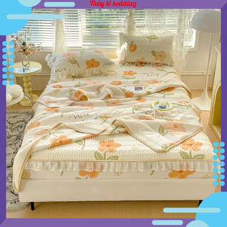Chiếu điều hòa cao su non viền bèo kèm chăn thun lạnh, chiếu cao su non bèo ren bọc chun quanh đệm cao từ 5cm đến 30cm