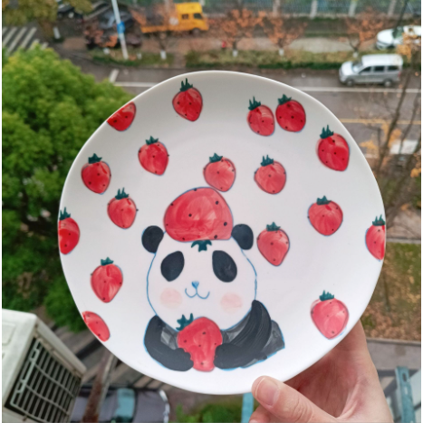 Đĩa gấu trúc ôm dâu BDIA47 Gốm Sứ Tráng Men cute dễ thương đựng thức ăn salad 20cm