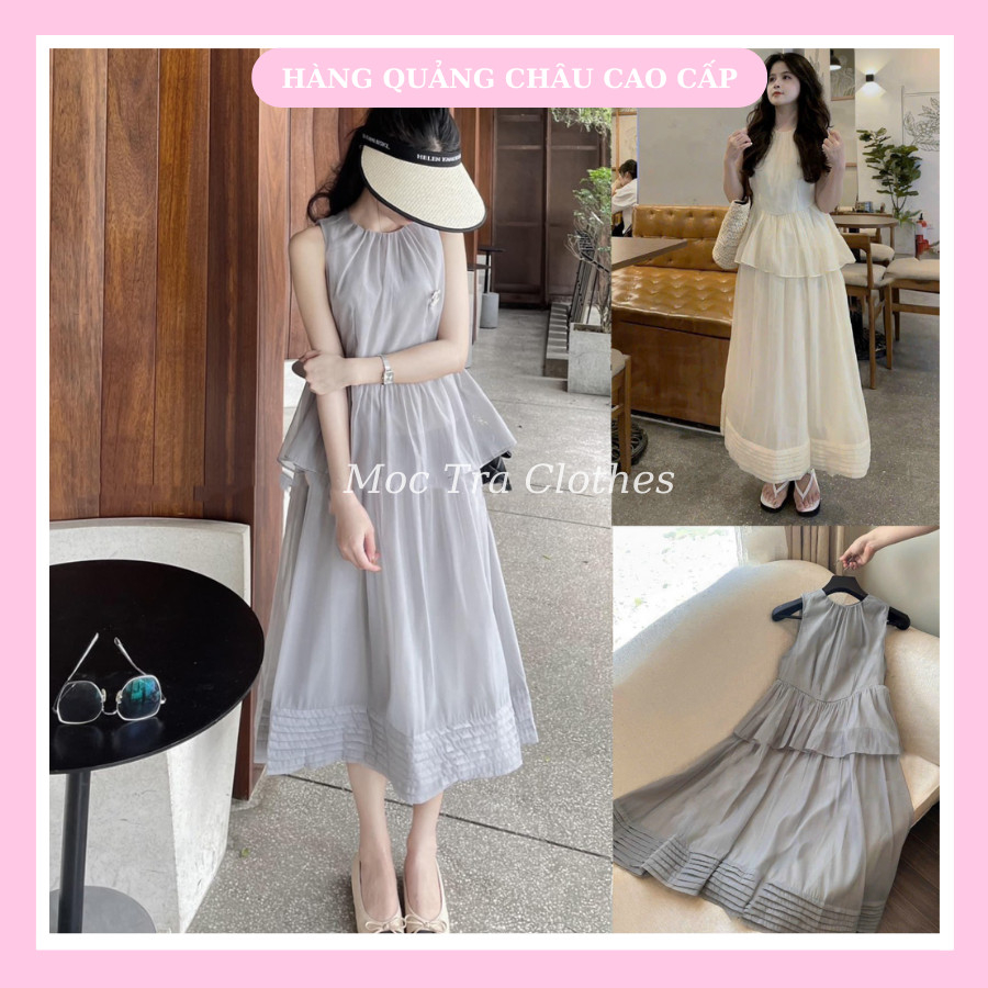 Đầm maxi tơ dáng xòe dài Quảng Châu thiết kế peplum cổ tròn tiểu thư rẻ đẹp, Váy xòe nữ đi biển vintage trẻ trung