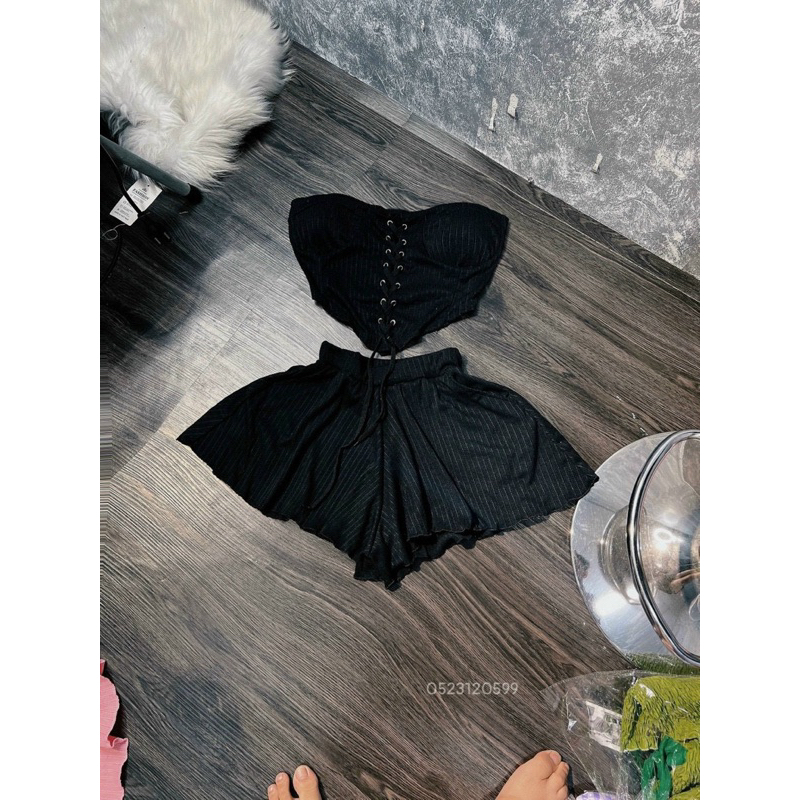 Set áo quây nữ đan dây mắt cáo quần xoè có túi siêu xinh