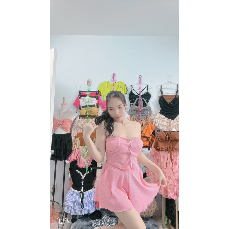 Set áo quây nữ đan dây mắt cáo quần xoè có túi siêu xinh