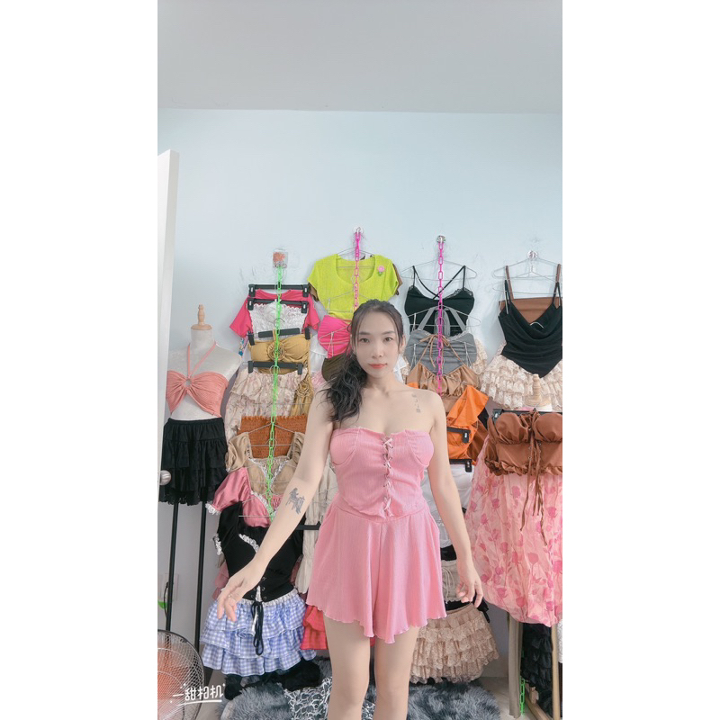 Set áo quây nữ đan dây mắt cáo quần xoè có túi siêu xinh