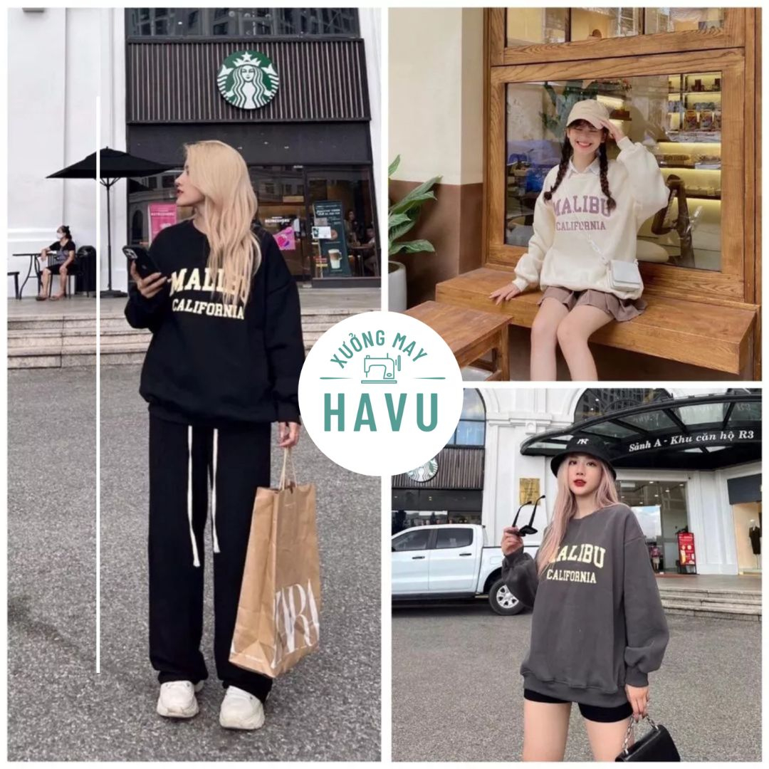 Áo sweater dài tay nỉ ngoại in chữ malibu california, form thụng trẻ trung, nhiều màu lựa chọn
