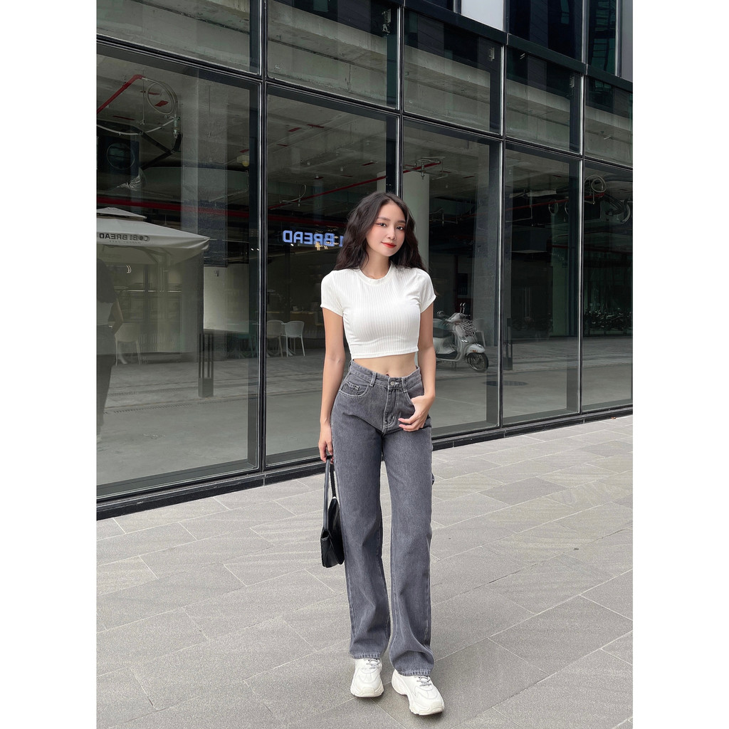 Quần Jeans Suổng Rộng Có Dây Sau Túi Màu Xám Chất Vải Jean Cotton Cao Cấp Mã AJ207X | Ảnh Chụp Tại Shop