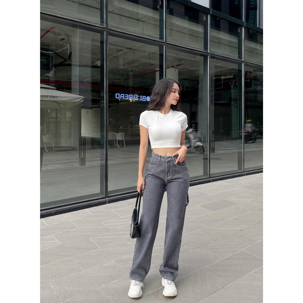 Quần Jeans Suổng Rộng Có Dây Sau Túi Màu Xám Chất Vải Jean Cotton Cao Cấp Mã AJ207X | Ảnh Chụp Tại Shop