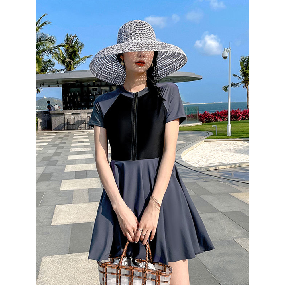 Bikini liền thân 1 mảnh dáng váy cho nữ đồ bơi ngắn tay có khóa ngực che khuyết điểm tôn dáng màu retro 6878 A-