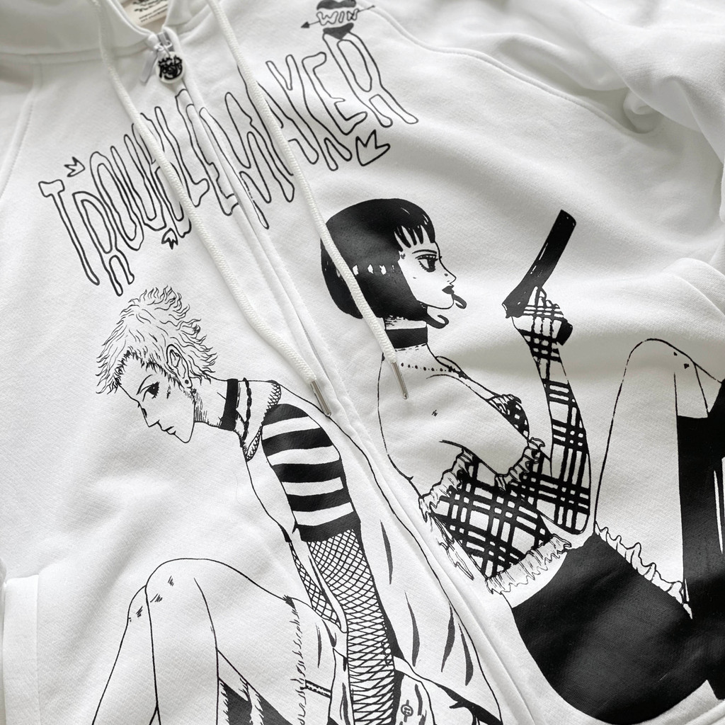 Áo khoác nỉ nam nữ in hoạ tiết trắng đen Trouble Maker thiết kế WHENIMNASTY