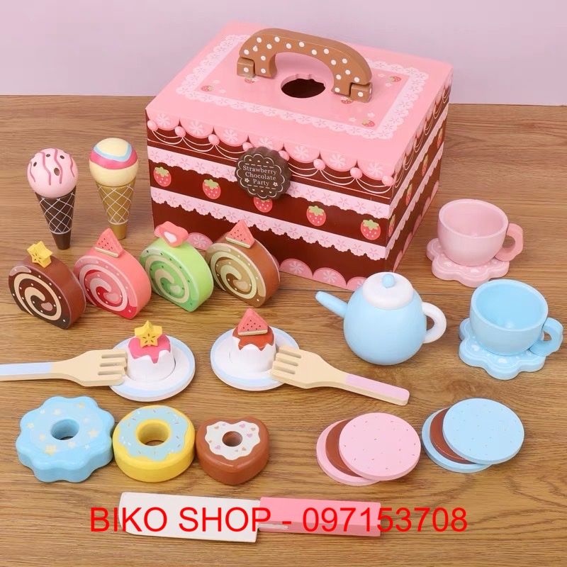 Đồ chơi trà bánh, socola, trà xanh bằng gỗ dính nam châm cao cấp - Đồ chơi gỗ cho bé - Biko Shop