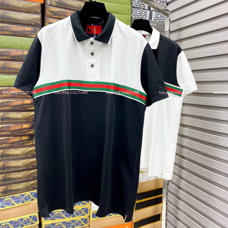Áo polo nam cổ bẻ cotton gai pha màu đen be thêu vạch sọc xanh đỏ ngang ngực sang trọng lịch lãm