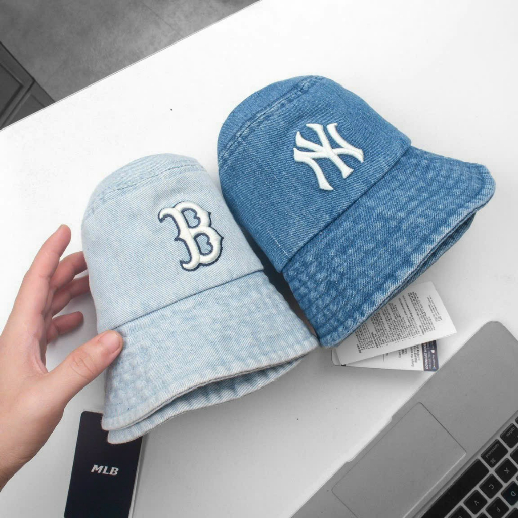 Mũ bucket MLB Boston nón tai bèo vành tròn thêu chữ B chất jean full tem tag - PASIO