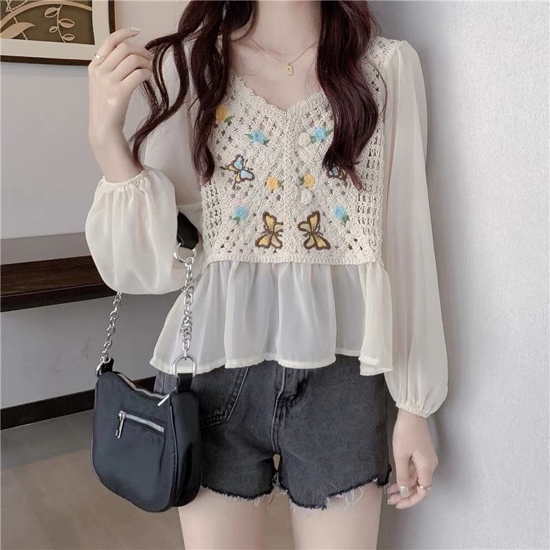 ( SP08) Áo chiffon dài tay thêu hoa nhí phong cách dễ thương free size